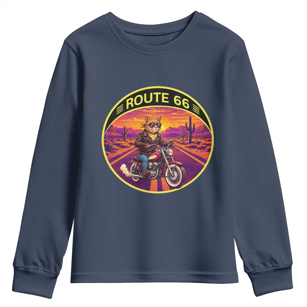 Route Highway 66 Motorcycle Cat Youth Sweatshirt Open Road Adventure Neon