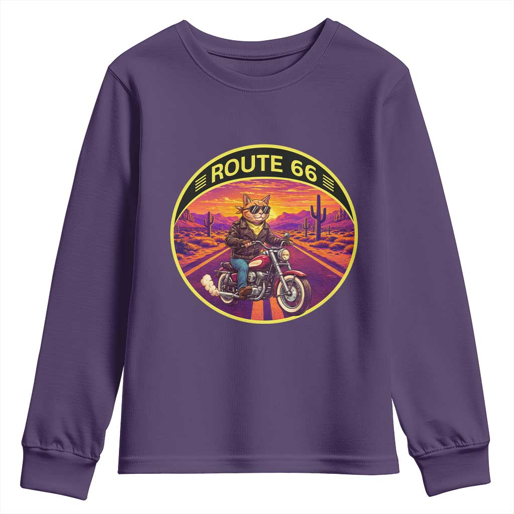 Route Highway 66 Motorcycle Cat Youth Sweatshirt Open Road Adventure Neon