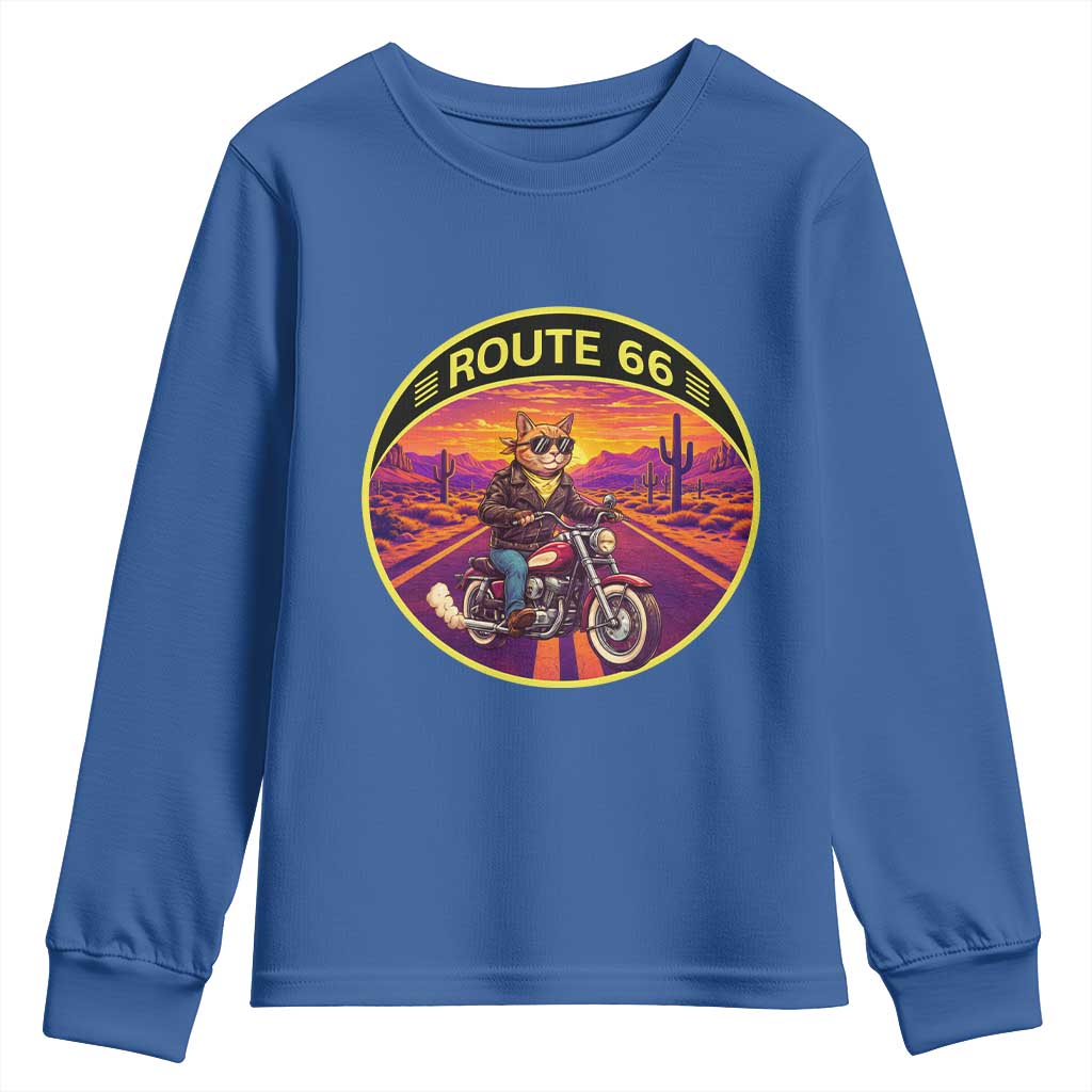 Route Highway 66 Motorcycle Cat Youth Sweatshirt Open Road Adventure Neon