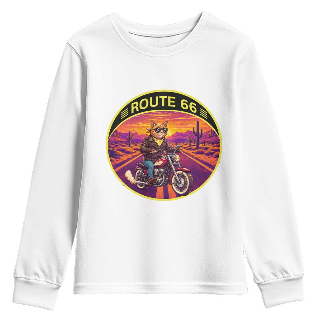 Route Highway 66 Motorcycle Cat Youth Sweatshirt Open Road Adventure Neon