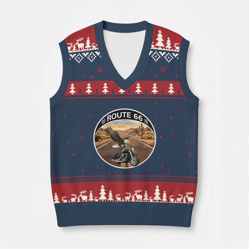 Route Highway 66 Motorcycle Eagle V-Neck Knit Sweater Vest Americana Adventure