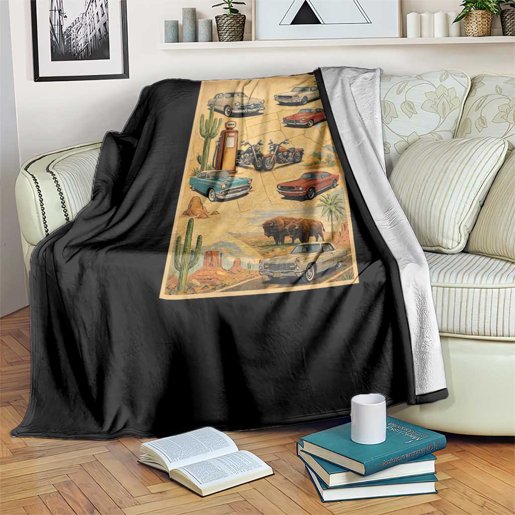 Vintage Route Highway 66 Road Trip Poster Throw Blanket Open Road Adventure