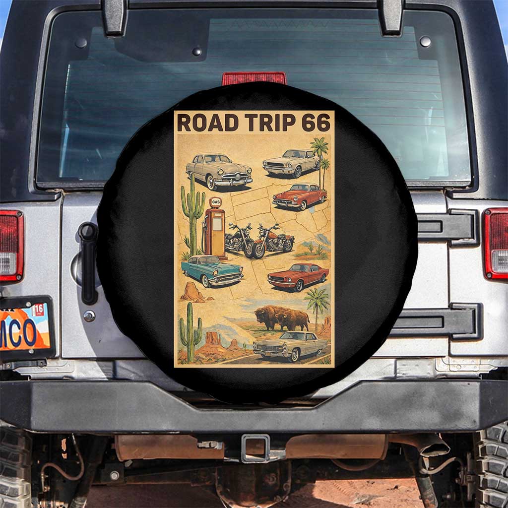 Vintage Route Highway 66 Road Trip Poster Spare Tire Cover Open Road Adventure