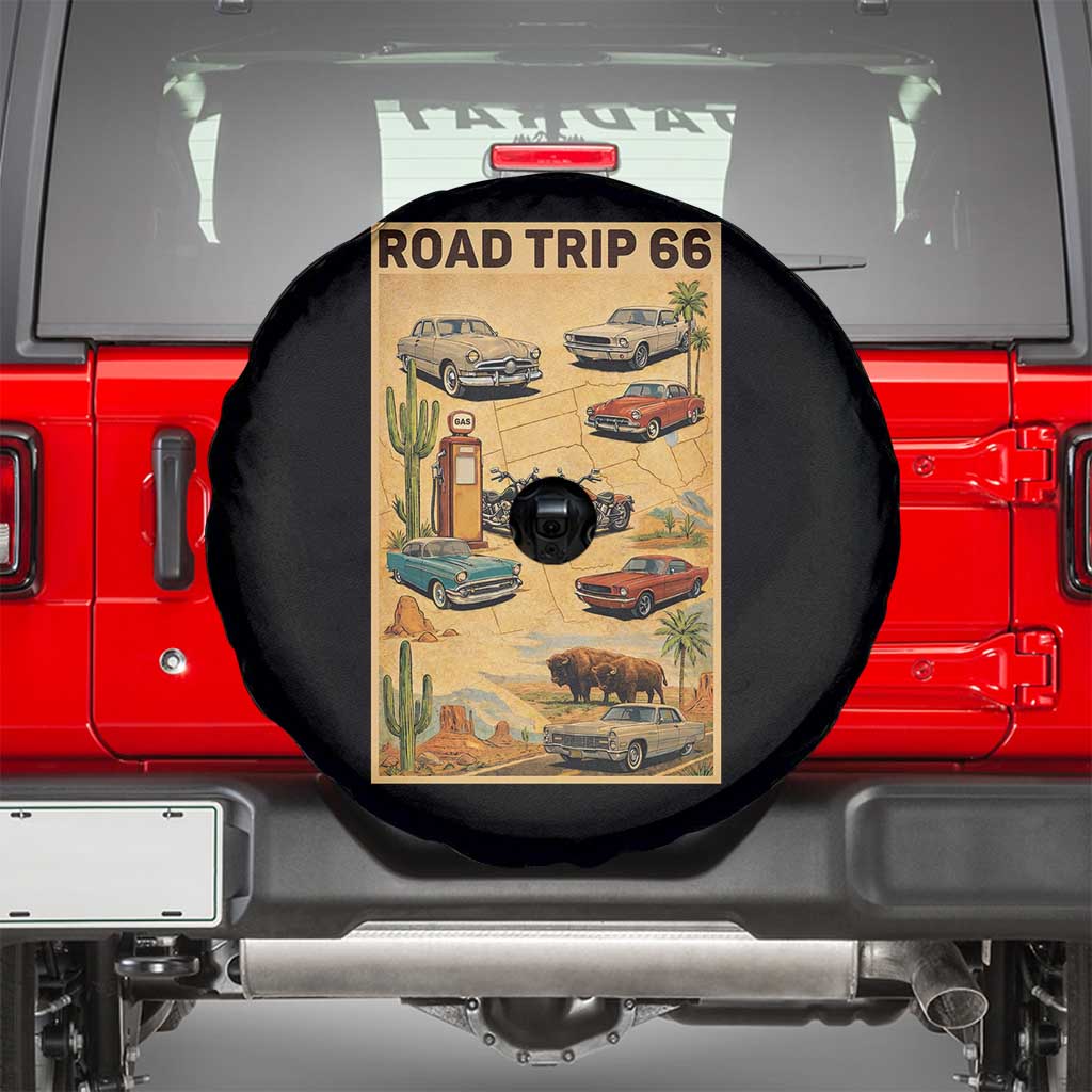 Vintage Route Highway 66 Road Trip Poster Spare Tire Cover Open Road Adventure