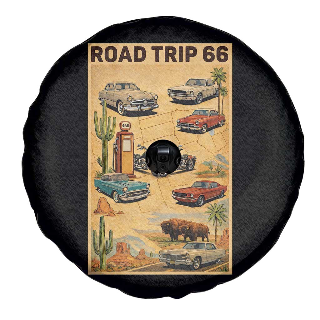 Vintage Route Highway 66 Road Trip Poster Spare Tire Cover Open Road Adventure