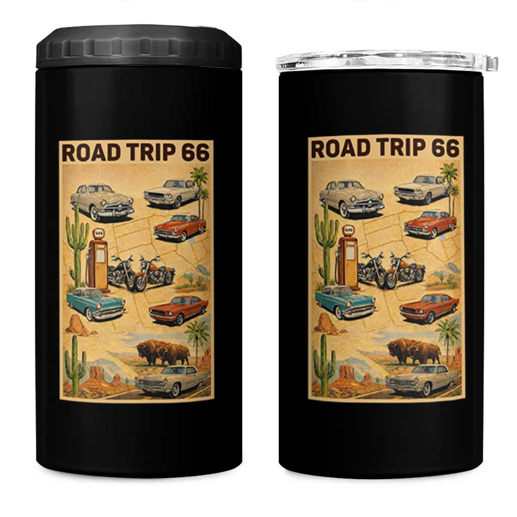 Vintage Route Highway 66 Road Trip Poster 4 in 1 Can Cooler Tumbler Open Road Adventure