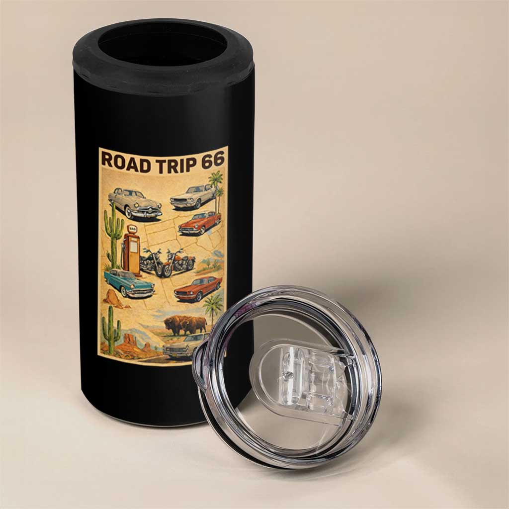 Vintage Route Highway 66 Road Trip Poster 4 in 1 Can Cooler Tumbler Open Road Adventure