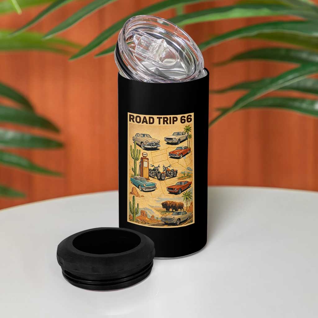 Vintage Route Highway 66 Road Trip Poster 4 in 1 Can Cooler Tumbler Open Road Adventure