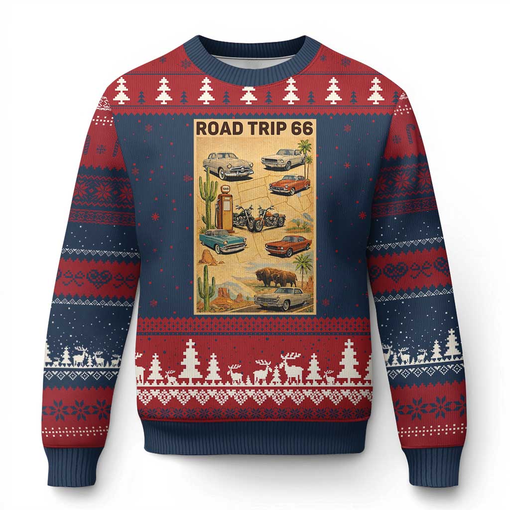 Vintage Route Highway 66 Road Trip Poster Ugly Christmas Sweater Open Road Adventure