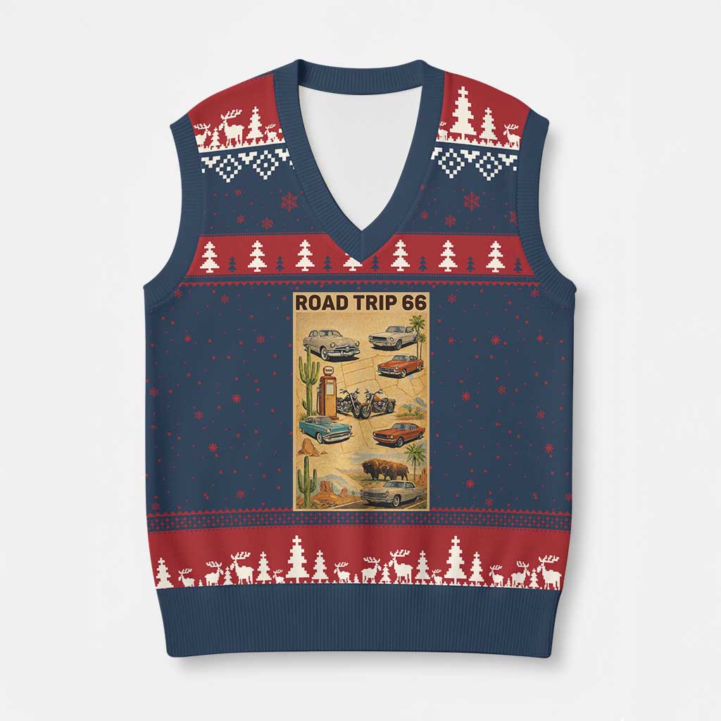 Vintage Route Highway 66 Road Trip Poster V-Neck Knit Sweater Vest Open Road Adventure