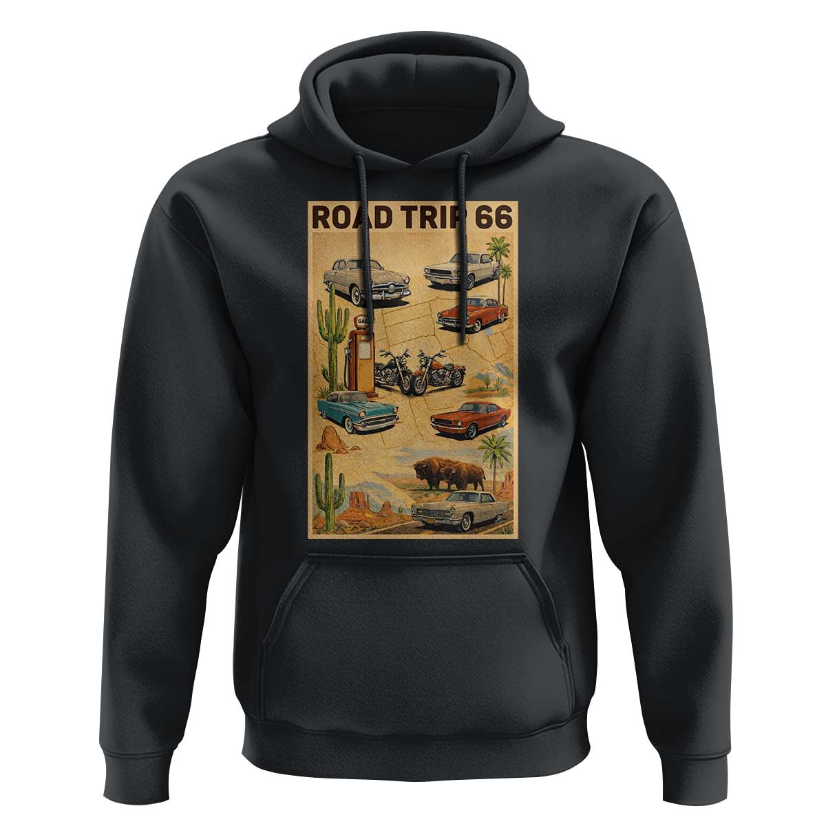 Vintage Route Highway 66 Road Trip Poster Hoodie Open Road Adventure