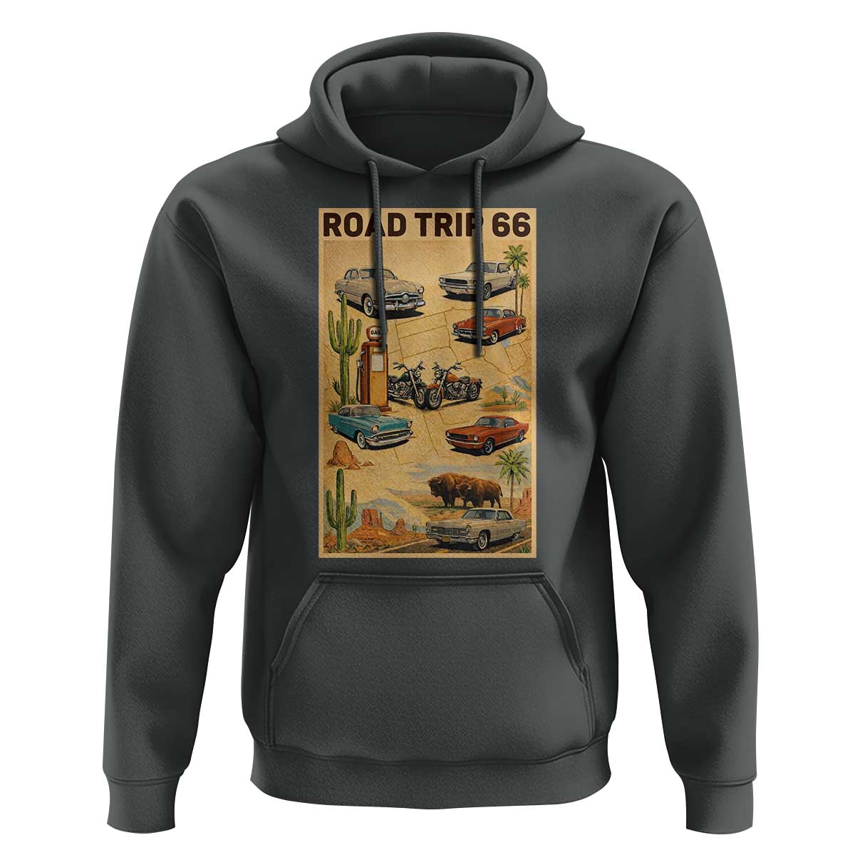 Vintage Route Highway 66 Road Trip Poster Hoodie Open Road Adventure