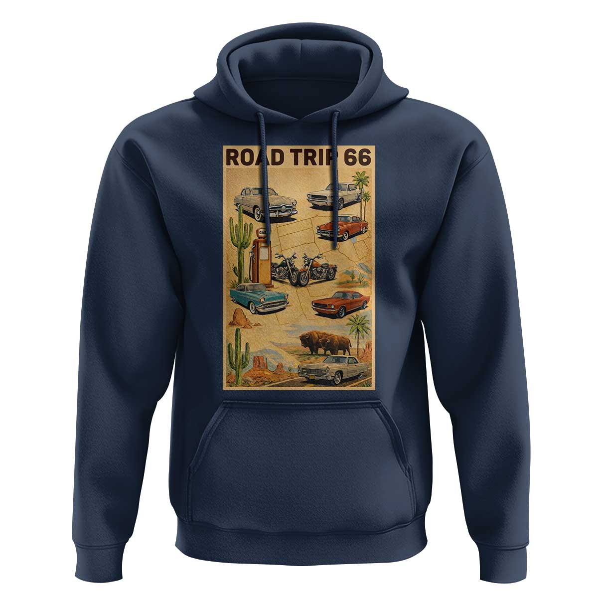Vintage Route Highway 66 Road Trip Poster Hoodie Open Road Adventure