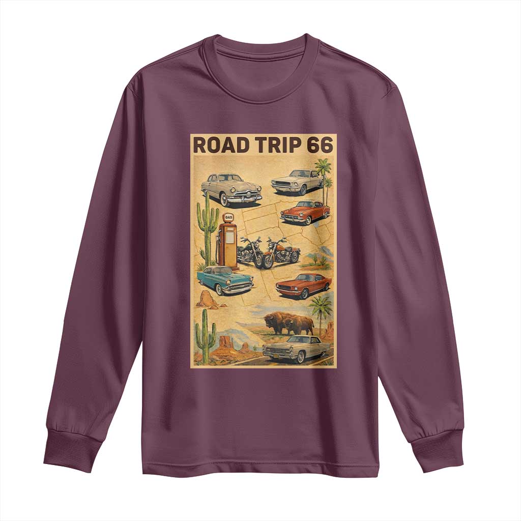 Vintage Route Highway 66 Road Trip Poster Long Sleeve Shirt Open Road Adventure