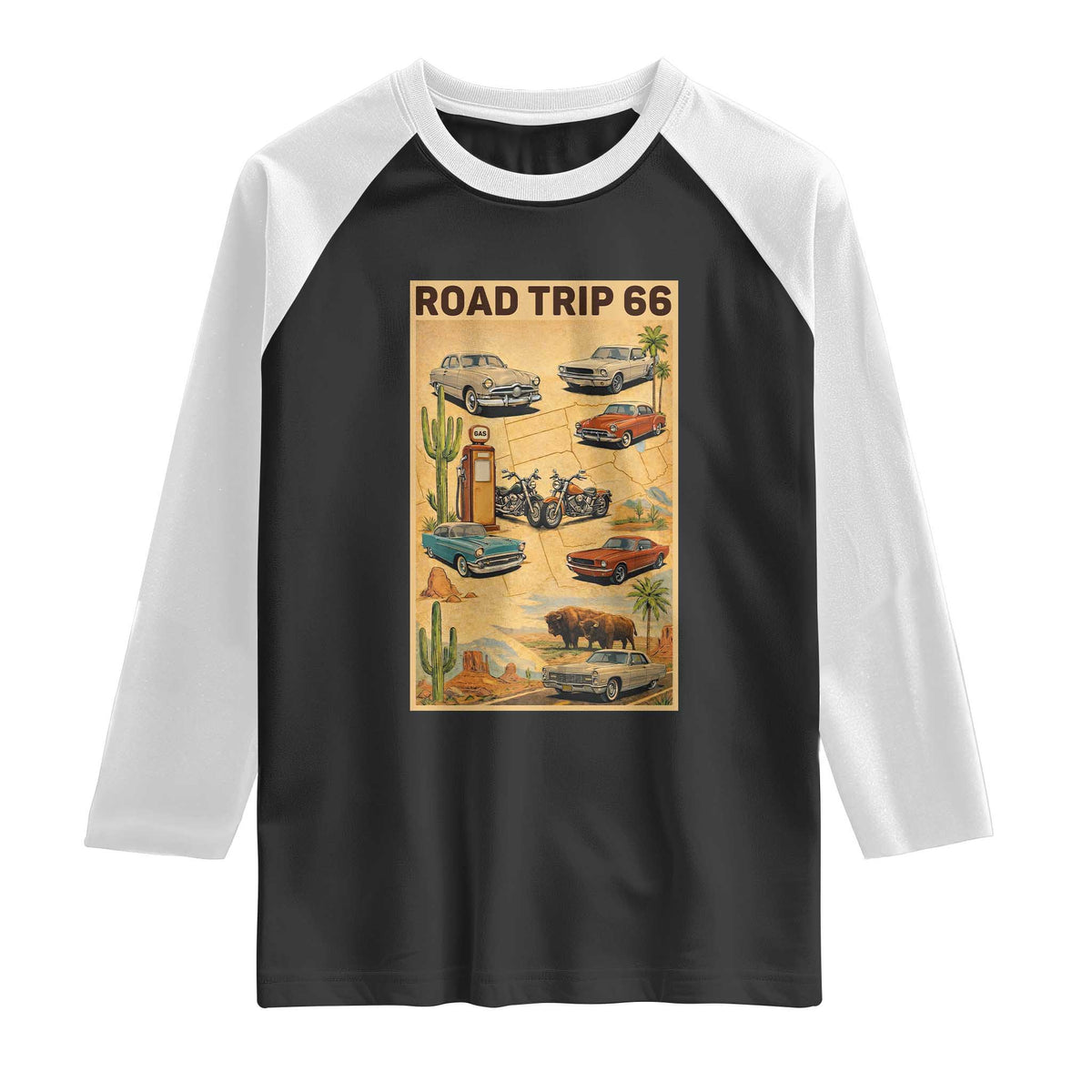 Vintage Route Highway 66 Road Trip Poster Raglan Shirt Open Road Adventure