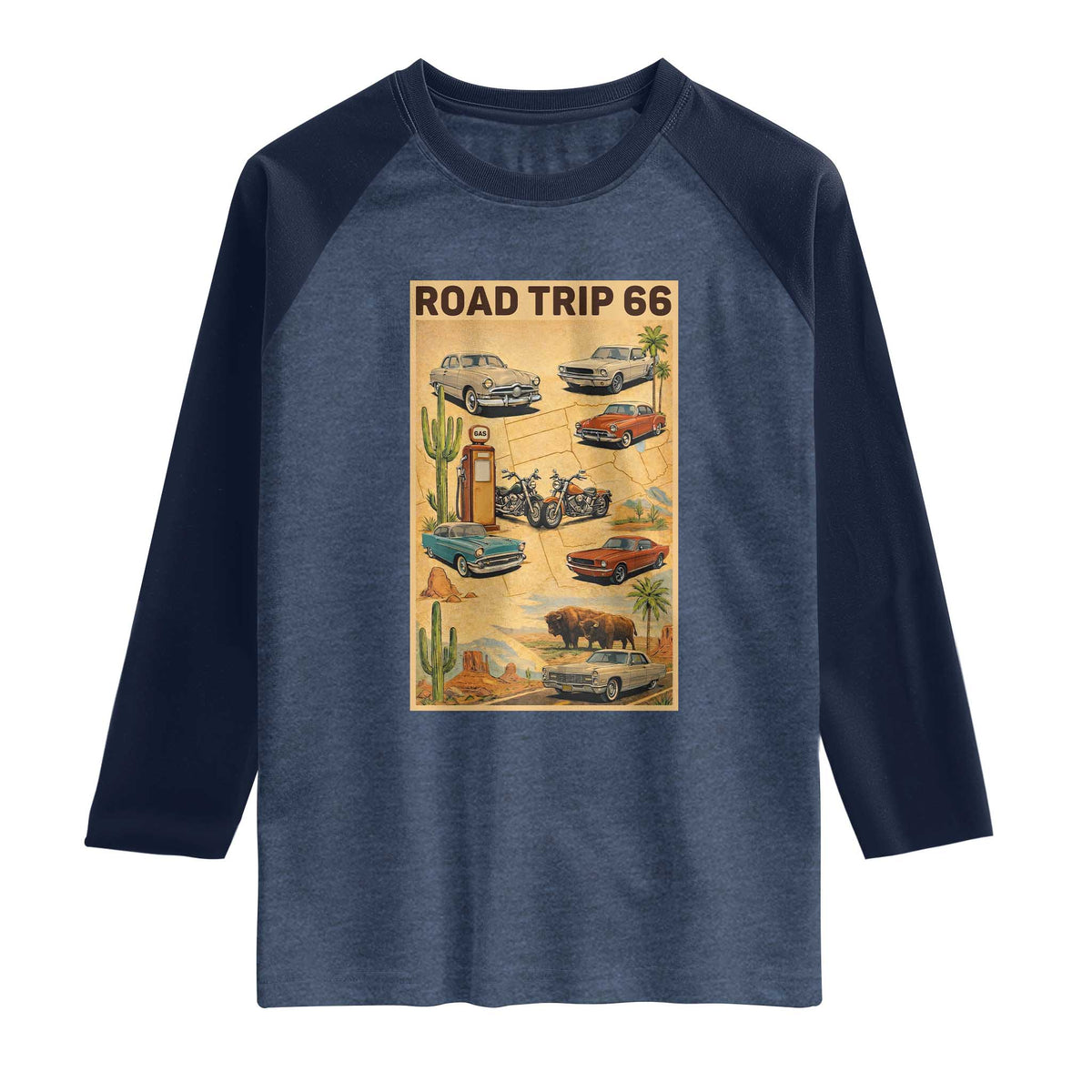 Vintage Route Highway 66 Road Trip Poster Raglan Shirt Open Road Adventure