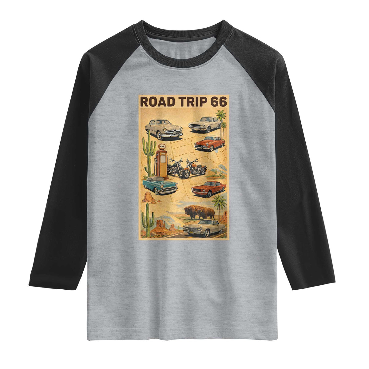 Vintage Route Highway 66 Road Trip Poster Raglan Shirt Open Road Adventure