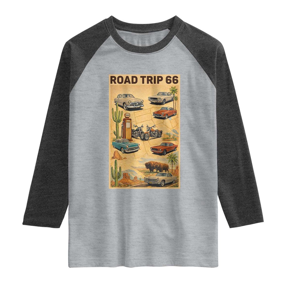 Vintage Route Highway 66 Road Trip Poster Raglan Shirt Open Road Adventure