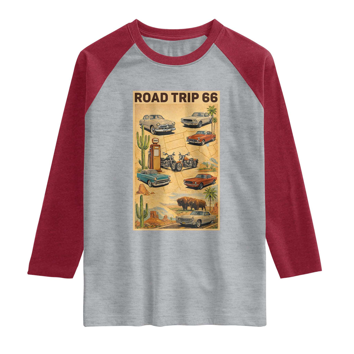 Vintage Route Highway 66 Road Trip Poster Raglan Shirt Open Road Adventure