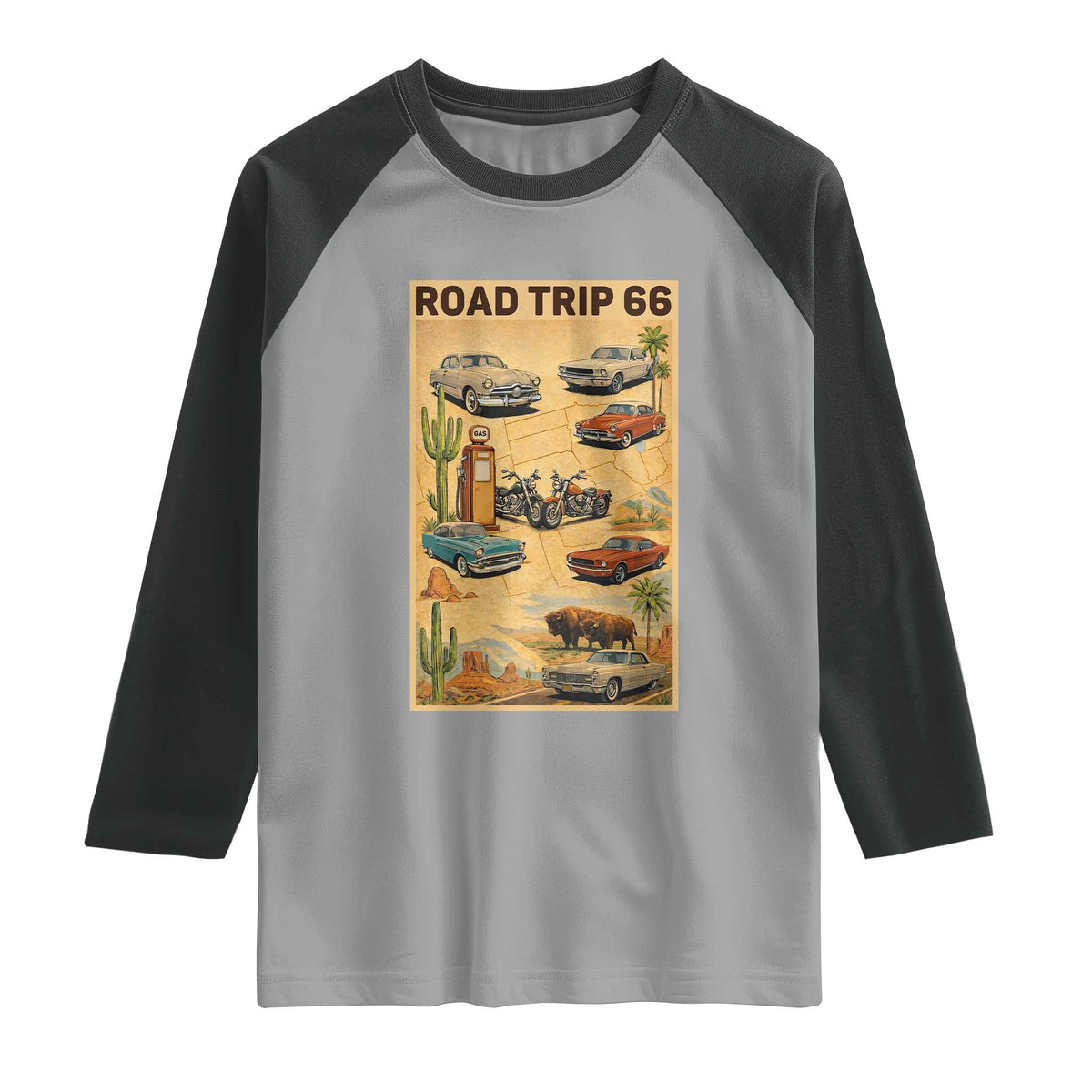 Vintage Route Highway 66 Road Trip Poster Raglan Shirt Open Road Adventure