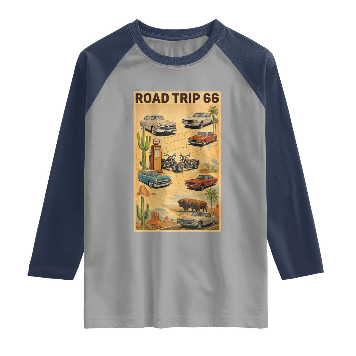 Vintage Route Highway 66 Road Trip Poster Raglan Shirt Open Road Adventure