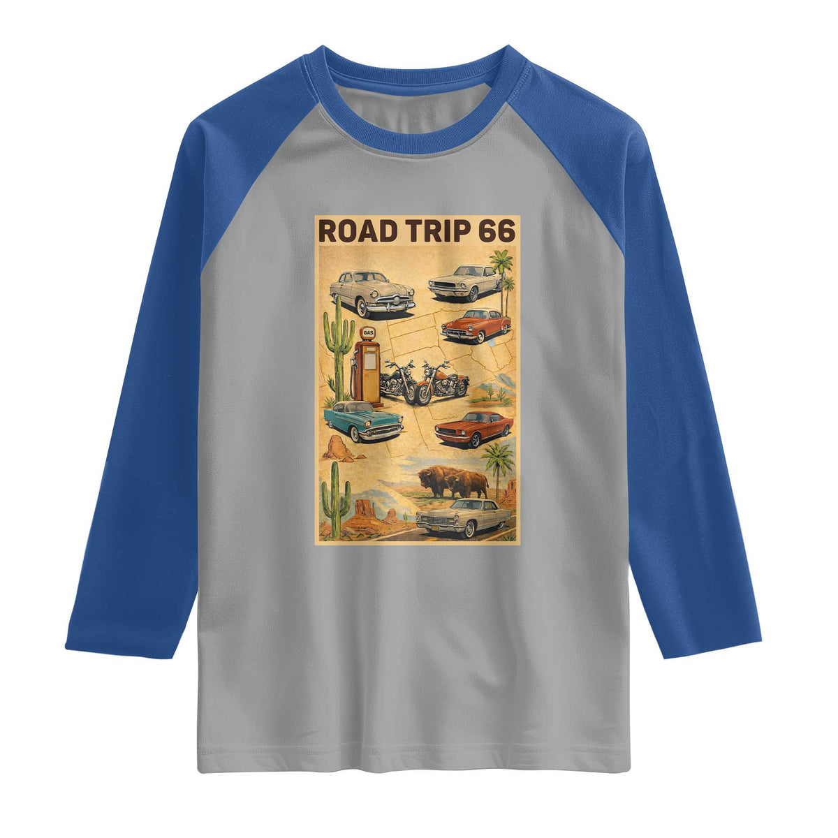 Vintage Route Highway 66 Road Trip Poster Raglan Shirt Open Road Adventure