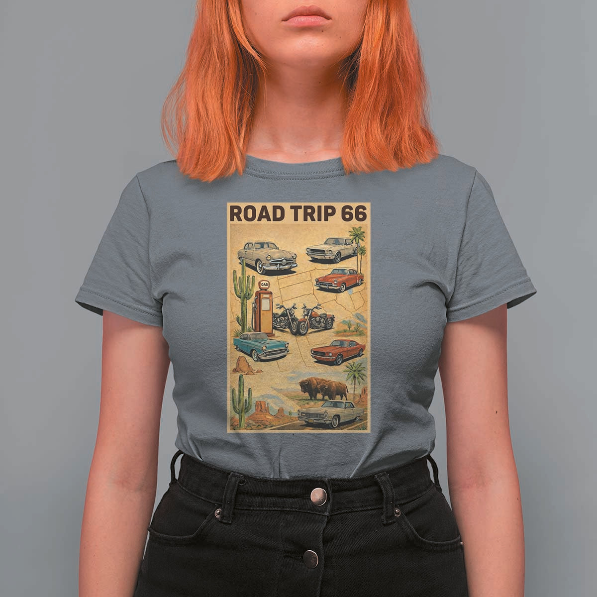Vintage Route Highway 66 Road Trip Poster T Shirt For Women Open Road Adventure