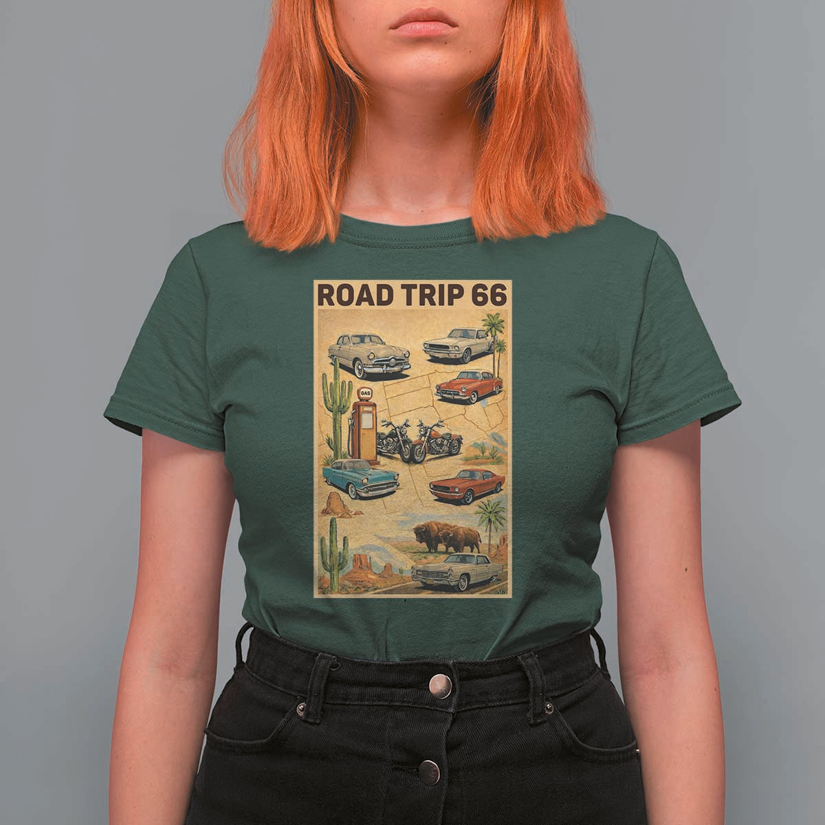 Vintage Route Highway 66 Road Trip Poster T Shirt For Women Open Road Adventure