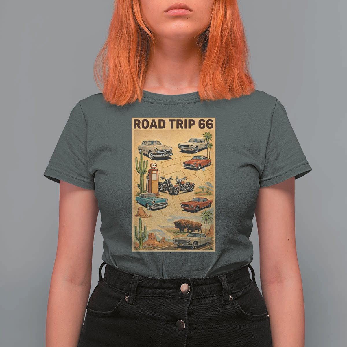 Vintage Route Highway 66 Road Trip Poster T Shirt For Women Open Road Adventure