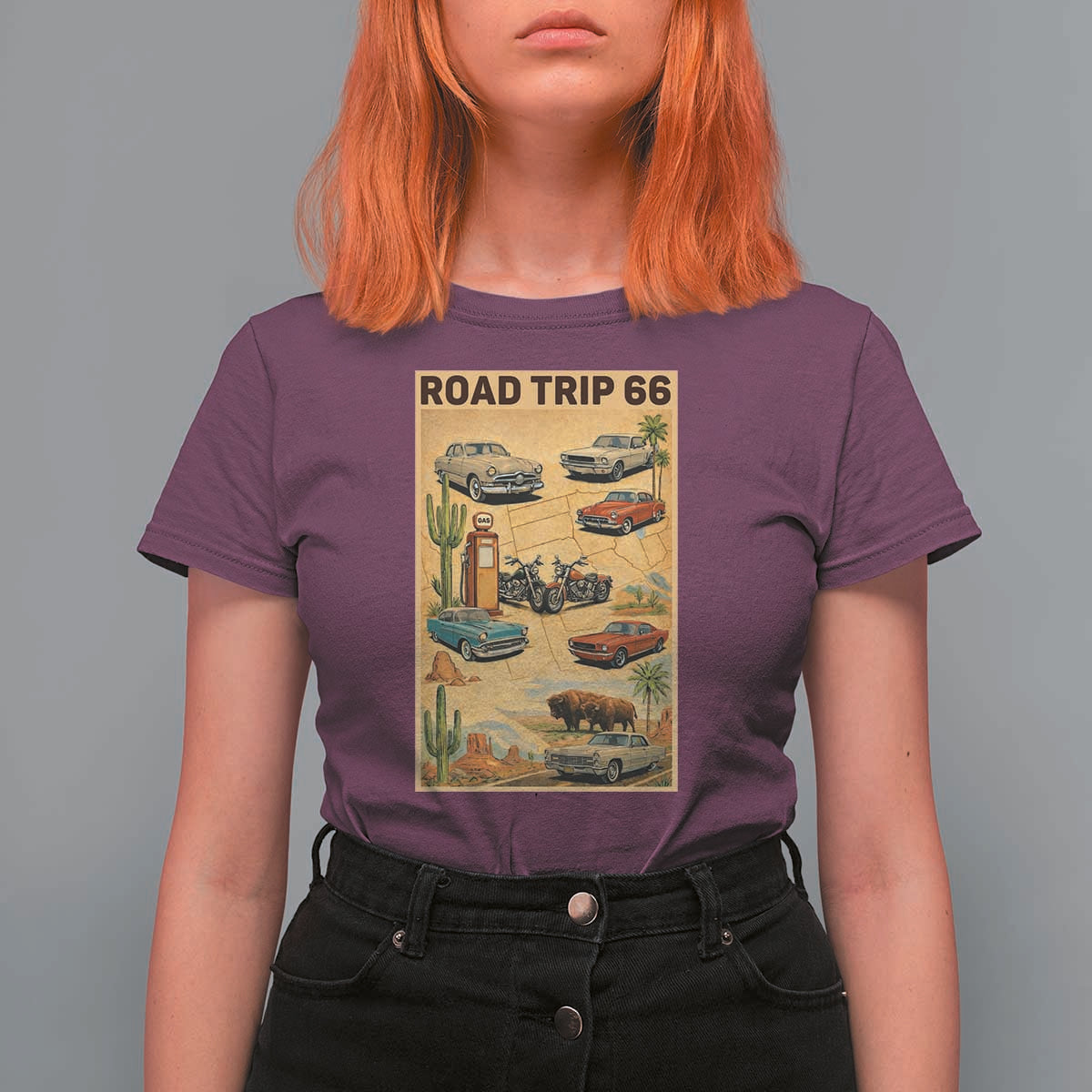 Vintage Route Highway 66 Road Trip Poster T Shirt For Women Open Road Adventure
