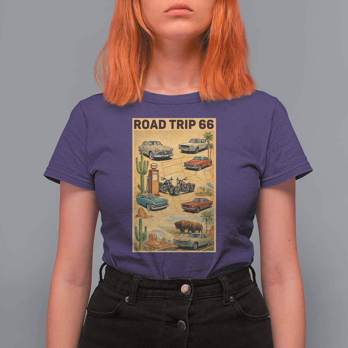 Vintage Route Highway 66 Road Trip Poster T Shirt For Women Open Road Adventure