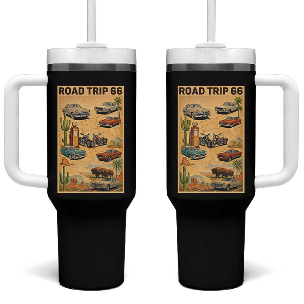 Vintage Route Highway 66 Road Trip Poster Tumbler With Handle Open Road Adventure