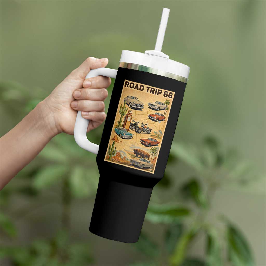 Vintage Route Highway 66 Road Trip Poster Tumbler With Handle Open Road Adventure