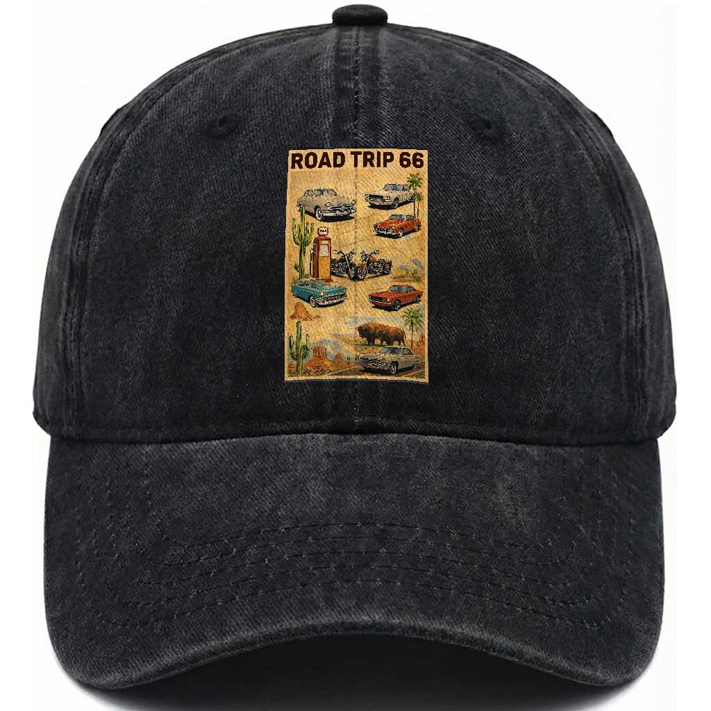 Vintage Route Highway 66 Road Trip Poster Washed Cotton Baseball Cap Open Road Adventure