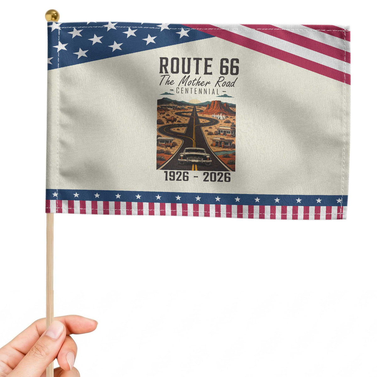 Route Highway 66 Mother Road Patriotic Handheld Flag Vintage Distressed Road Trip Adventure