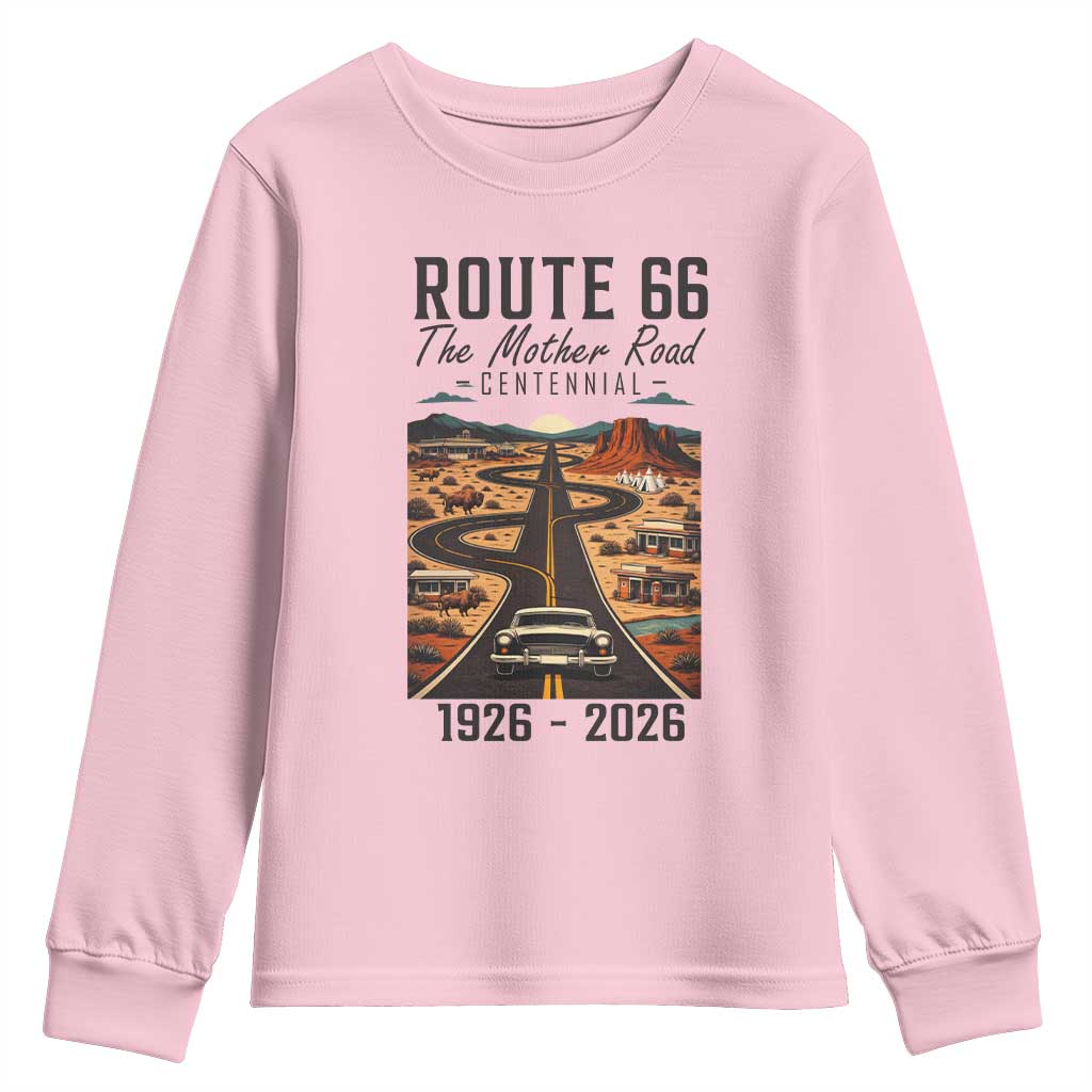 Route Highway 66 Mother Road Youth Sweatshirt Vintage Distressed Road Trip Adventure