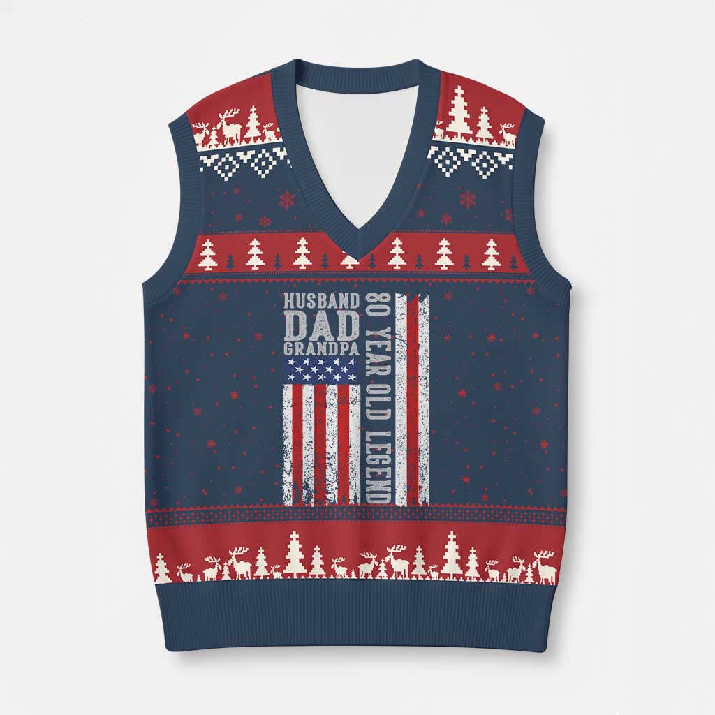 Husband Dad Grandpa 80 Year Old Legend V-Neck Knit Sweater Vest American Flag Birthday Gift