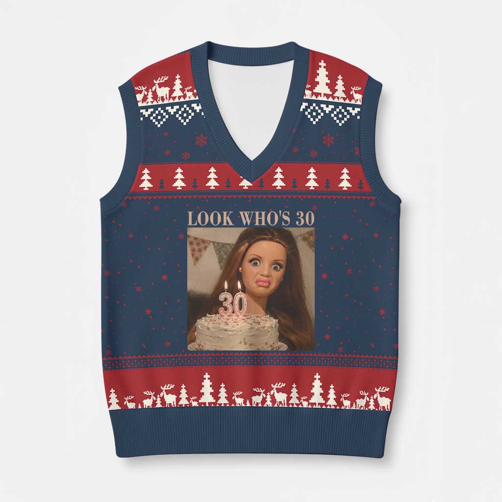 Look Who's 30 V-Neck Knit Sweater Vest Funny Birthday Doll Face Meme