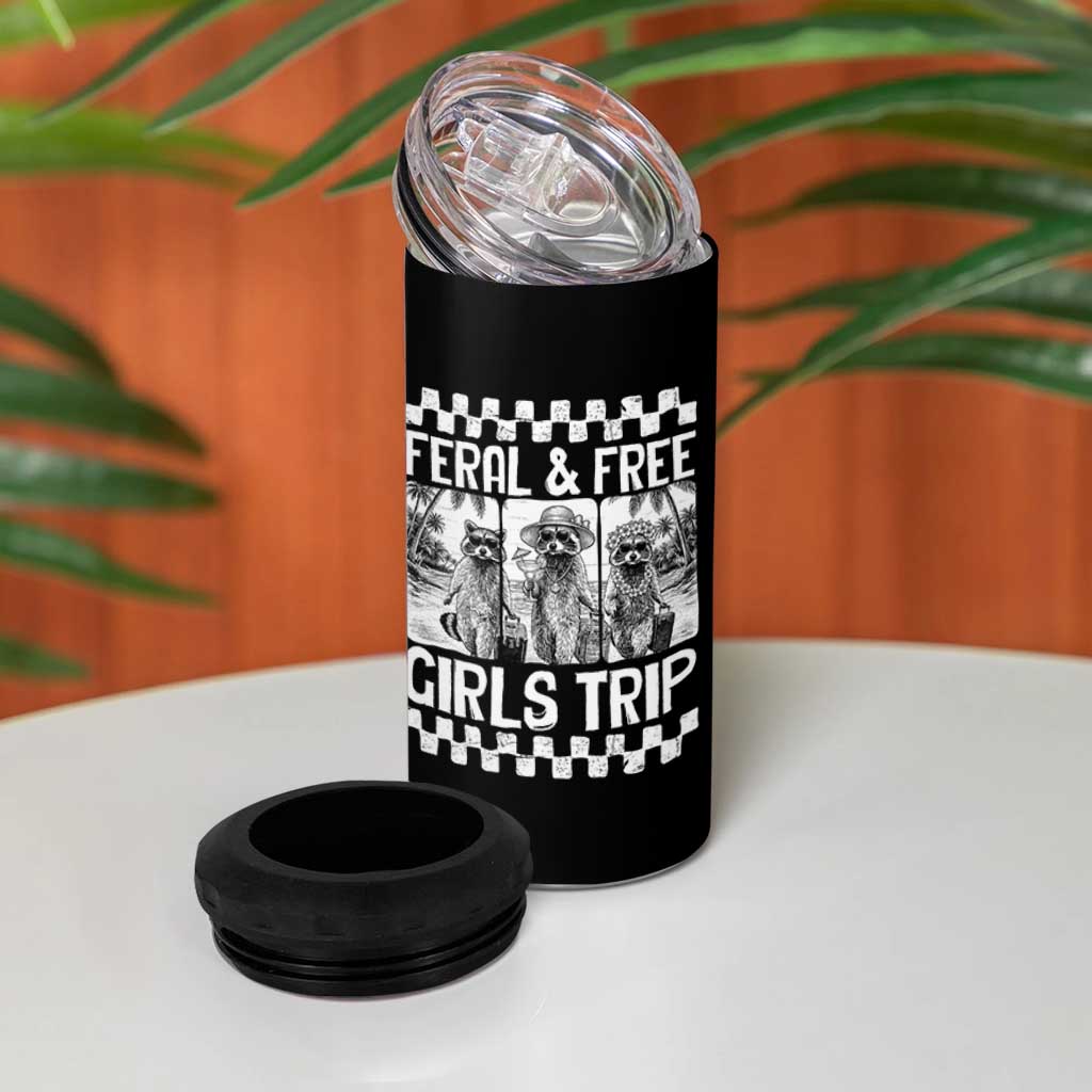 Funny Raccoon Girls Trip Travel 4 in 1 Can Cooler Tumbler Feral And Free
