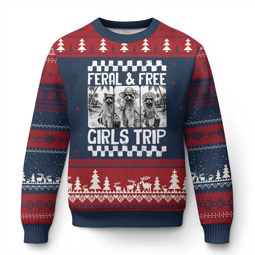 Funny Raccoon Girls Trip Travel Ugly Christmas Sweater Feral And Free