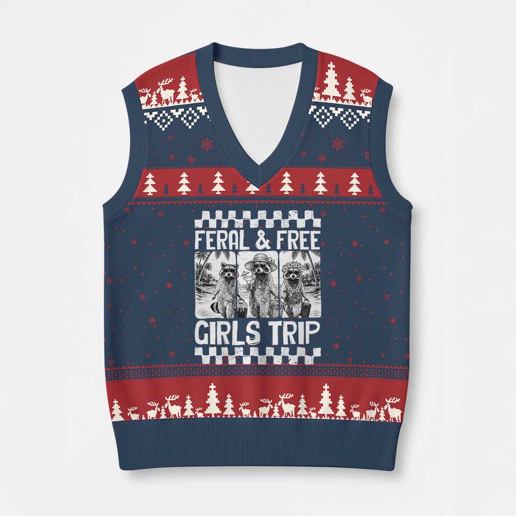 Funny Raccoon Girls Trip Travel V-Neck Knit Sweater Vest Feral And Free