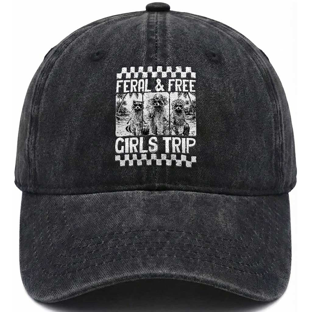 Funny Raccoon Girls Trip Travel Washed Cotton Baseball Cap Feral And Free