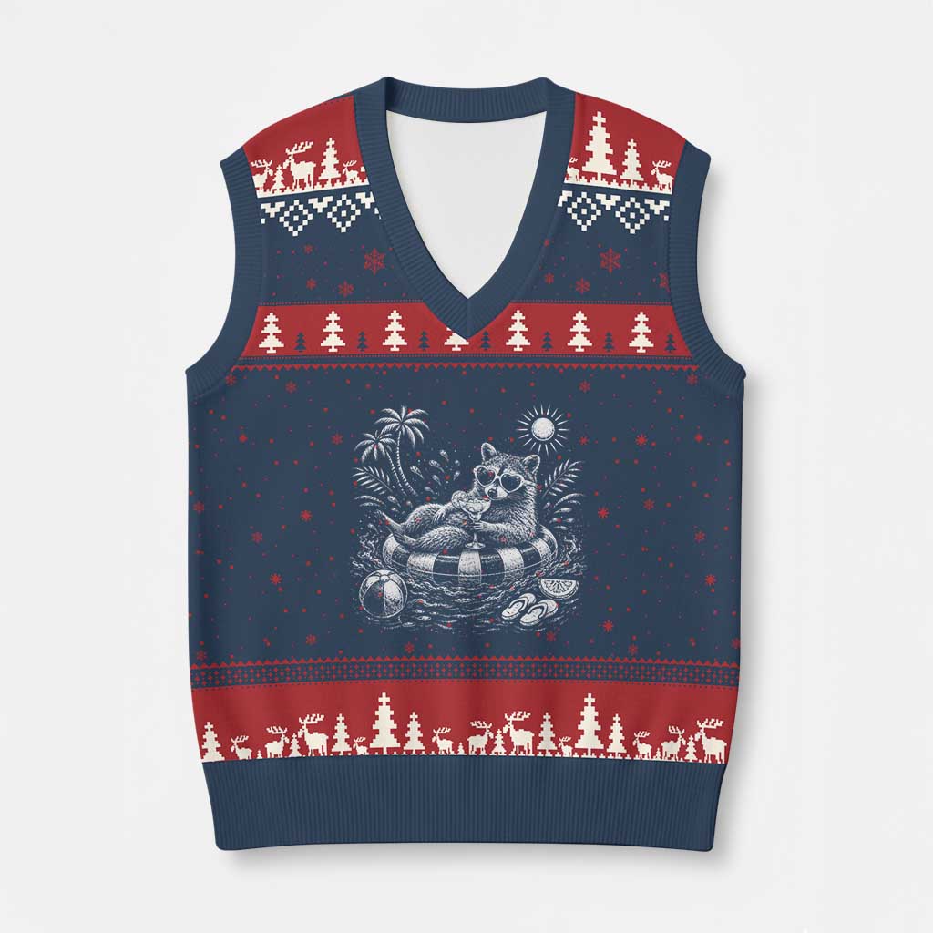 Funny Beach Vacation Trash Panda V-Neck Knit Sweater Vest Summer Raccoon Graphic