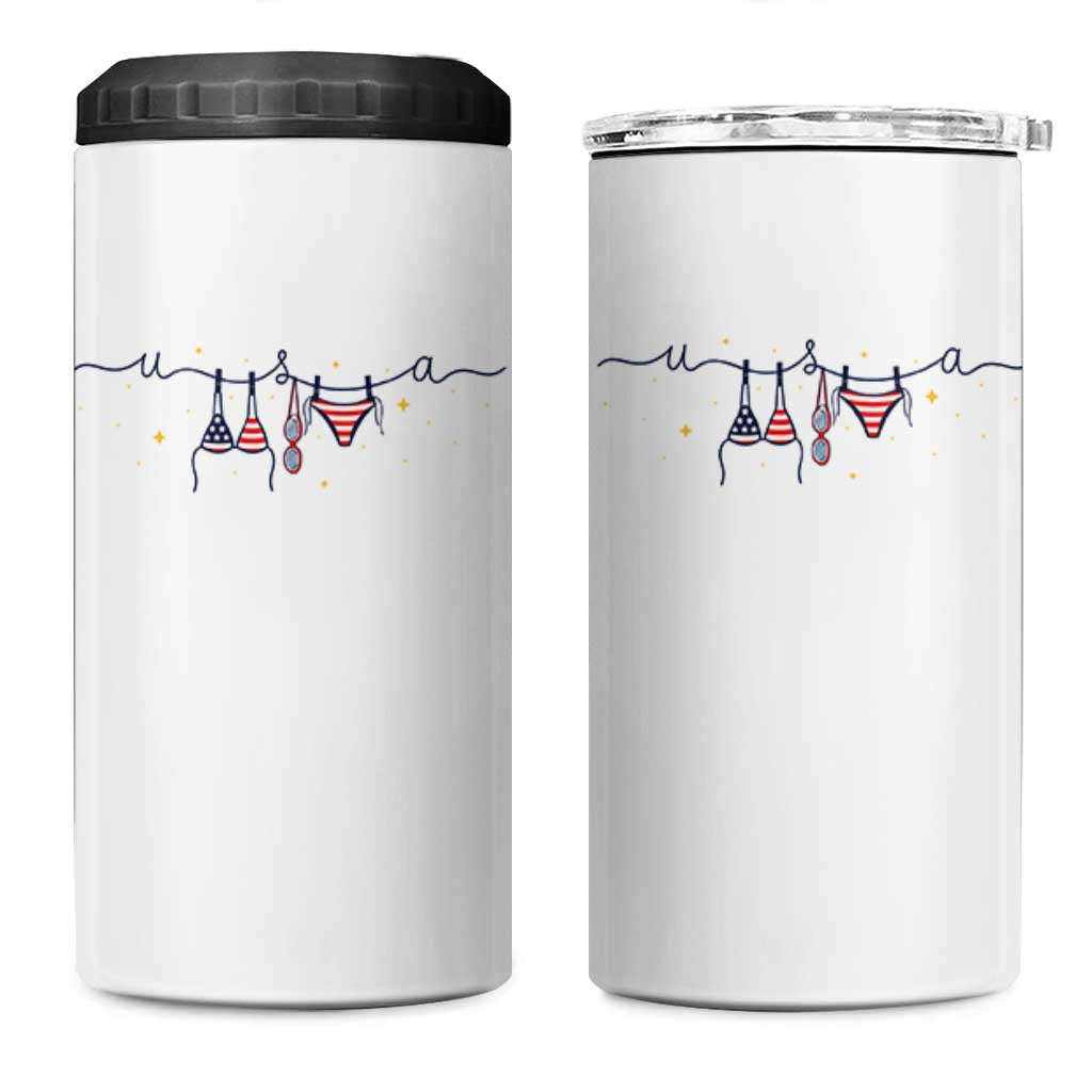 Patriotic American Flag Bikini 4 in 1 Can Cooler Tumbler USA Summer Vacation Gift