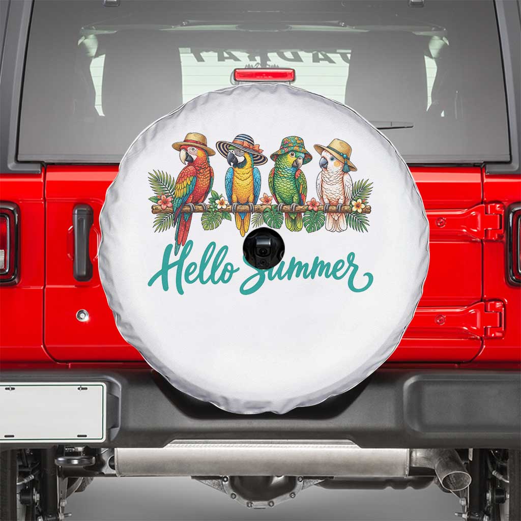 Hello Summer Parrots Spare Tire Cover Tropical Beach Vacation Graphic