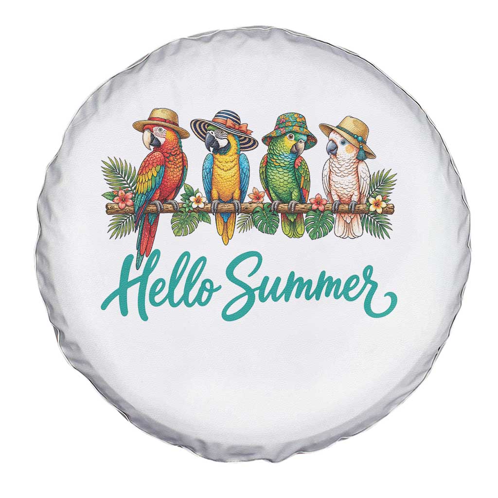 Hello Summer Parrots Spare Tire Cover Tropical Beach Vacation Graphic