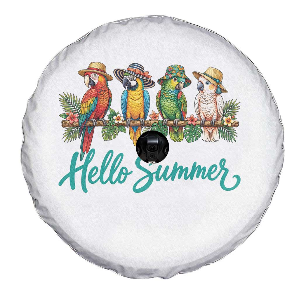 Hello Summer Parrots Spare Tire Cover Tropical Beach Vacation Graphic