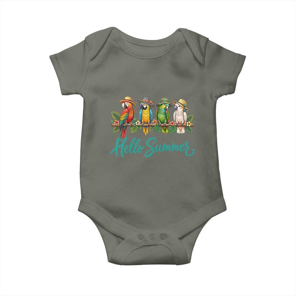 Hello Summer Parrots Baby Onesie Tropical Beach Vacation Graphic