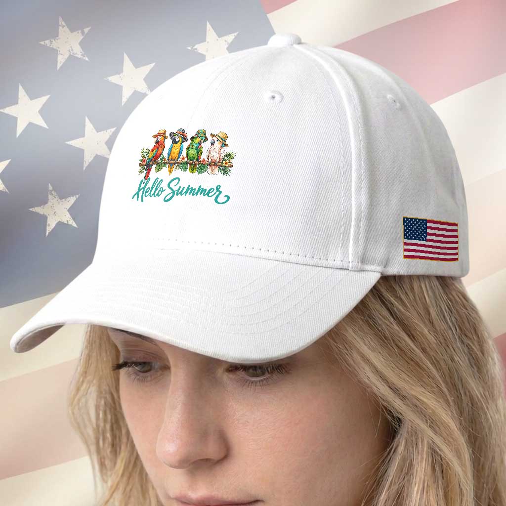 Hello Summer Parrots Baseball Cap Tropical Beach Vacation Graphic