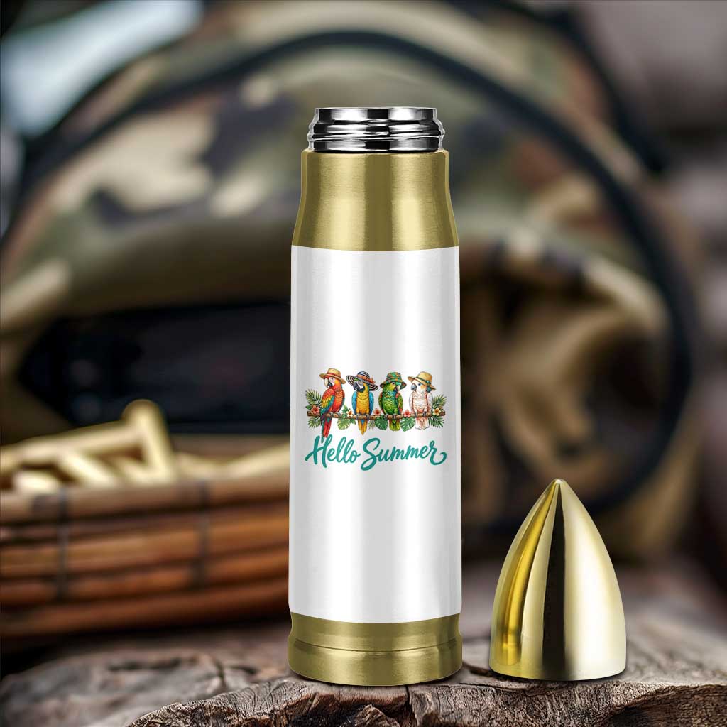 Hello Summer Parrots Bullet Tumbler Tropical Beach Vacation Graphic
